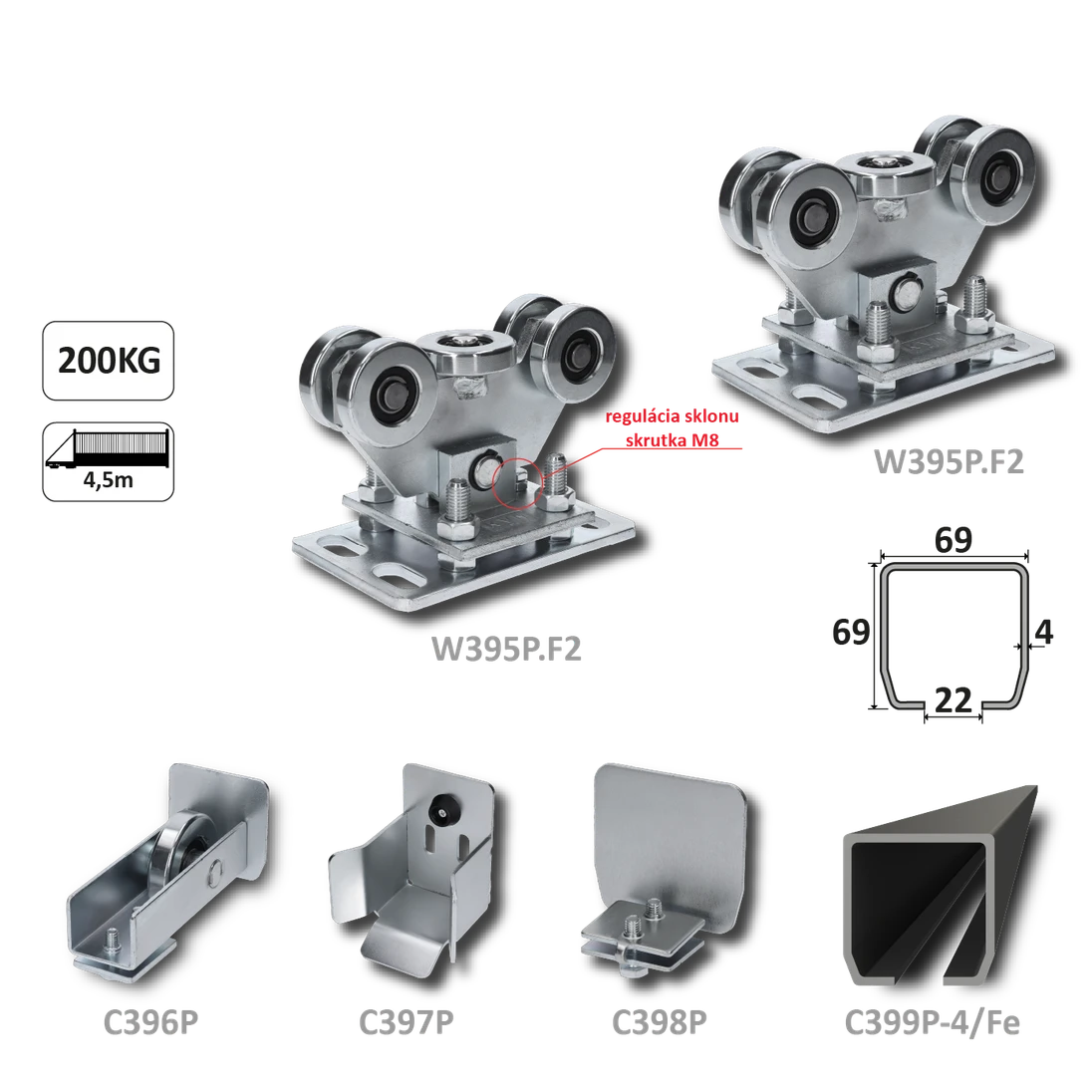 Samonosný systém 69x69x4 pro posuvné brány do 200 kg / 4,5 m otvor (C399P-4/Fe 1x6m černý profil, W395P.F2 2ks, C396P 1ks, C397P 1ks, C398P 1ks)