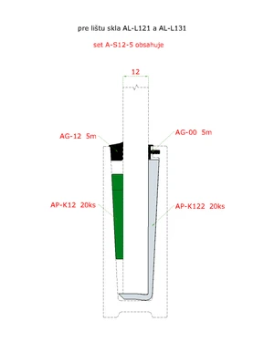 5 m set pro 12 mm sklo, k hliníkovým profilům AL-L121, AL-L131, AL-L141 a AL-L151. Obsahuje: těsnění AG-00 5 m, AG-12 5 m, podložky AP-K122 20 ks., klíny AP-K12 20 ks. - slide 1