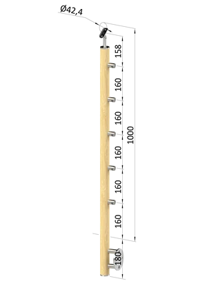 drevený stĺp, bočné kotvenie, 5 radový, priechodný, vnútorný, vrch nastaviteľný (ø 42mm), materiál: buk, brúsený povrch bez náteru - slide 0