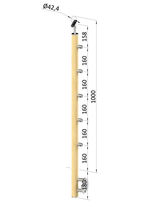 drevený stĺp, bočné kotvenie, 5 radový, priechodný, vnútorný, vrch nastaviteľný (ø 42mm), materiál: buk, brúsený povrch bez náteru - slide 0