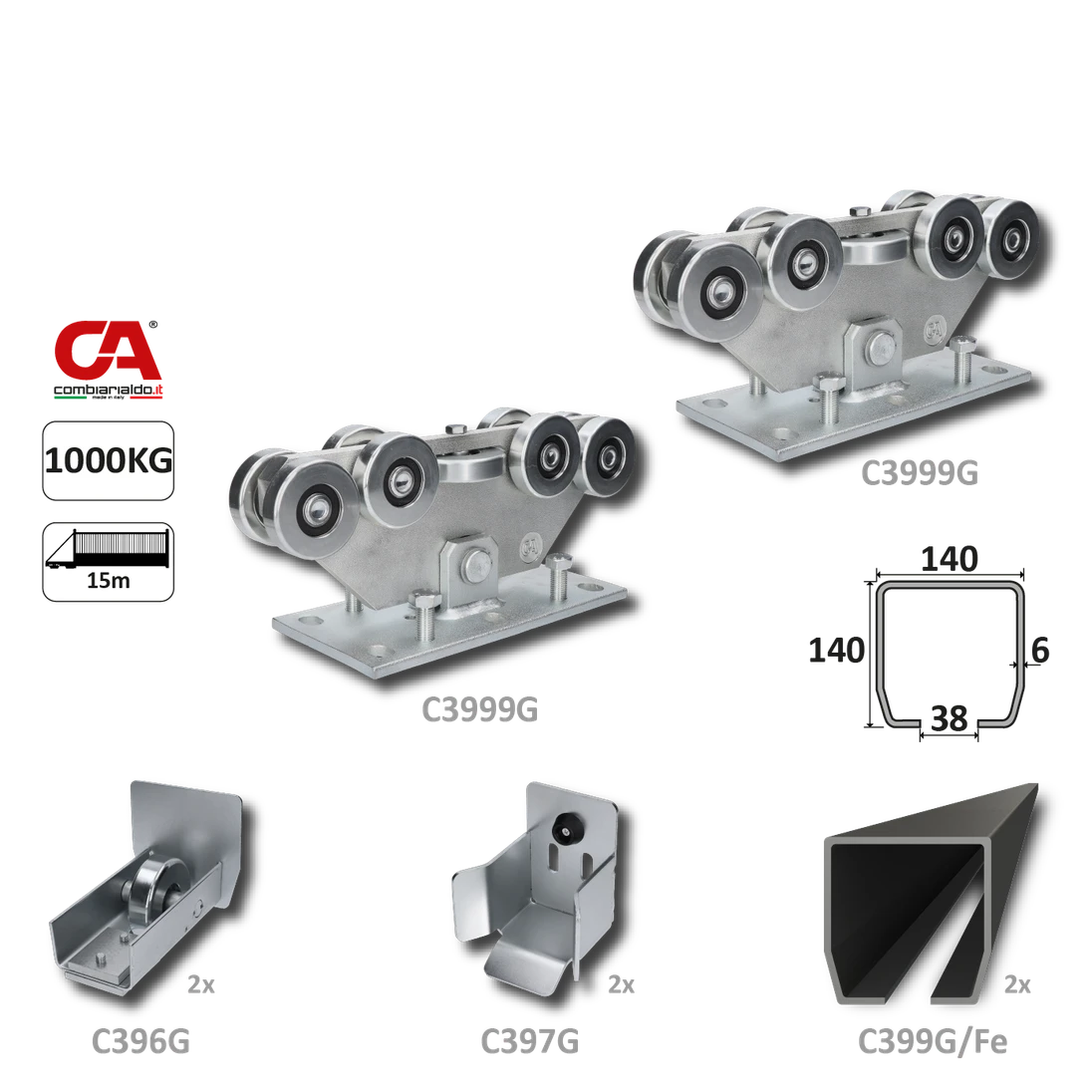 GRANDE-9 samonosný systém 140x140x6mm posuvnej brány do 1000kg/15m otvor (C399G/Fe 2x6m čierny profil, C3999G 2ks, C396G 2ks, C397G 2ks), intenzívna prevádzka