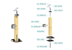 dřevěný sloup, vrchní kotvení, výplň: sklo, levý, vrch nastavitelný (40x40mm), materiál: buk, broušený povrch s nátěrem BORI (bezbarvý) - slide 1