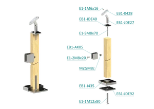 dřevěný sloup, vrchní kotvení, výplň: sklo, levý, vrch nastavitelný (40x40mm), materiál: buk, broušený povrch s nátěrem BORI (bezbarvý) - slide 1