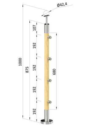 Dřevěný sloup, vrchní kotvení, 4 řadový, průchozí, vrch pevný (ø42 mm), materiál: buk, broušený povrch bez nátěru - slide 0