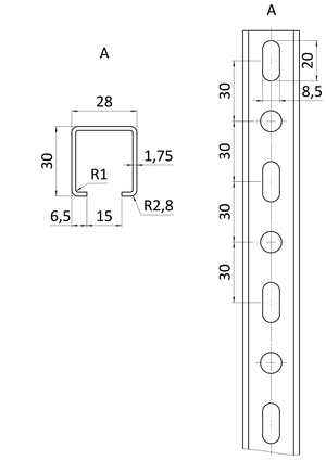 Děrovaný montážní C profil, 28x30x1.75, L-3m, pozinkovaný - slide 1