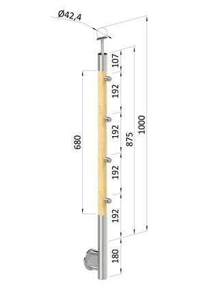 drevený stĺp, bočné kotvenie, 4 radový, priechodný, vonkajší, vrch pevný (ø 42mm), materiál: buk, brúsený povrch bez náteru - slide 0