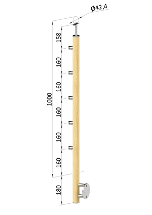 drevený stĺp, bočné kotvenie, 5 radový, priechodný, vonkajší, vrch pevný (ø 42mm), materiál: buk, brúsený povrch bez náteru - slide 0