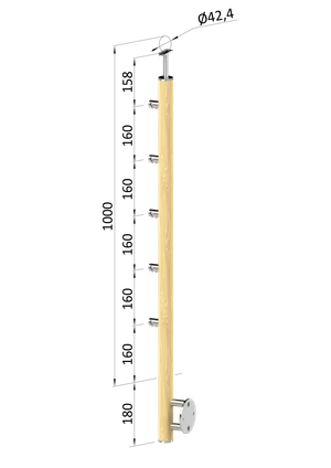 dřevěný sloup, boční kotvedřevěný sloup, boční kotvení, 5 řadový, průchozí, vnější, vrch pevný (ø 42mm), materiál: buk, broušený povrch bez nátěruní, 5 řadový, průchodný, venkovní, vrch pev - slide 0