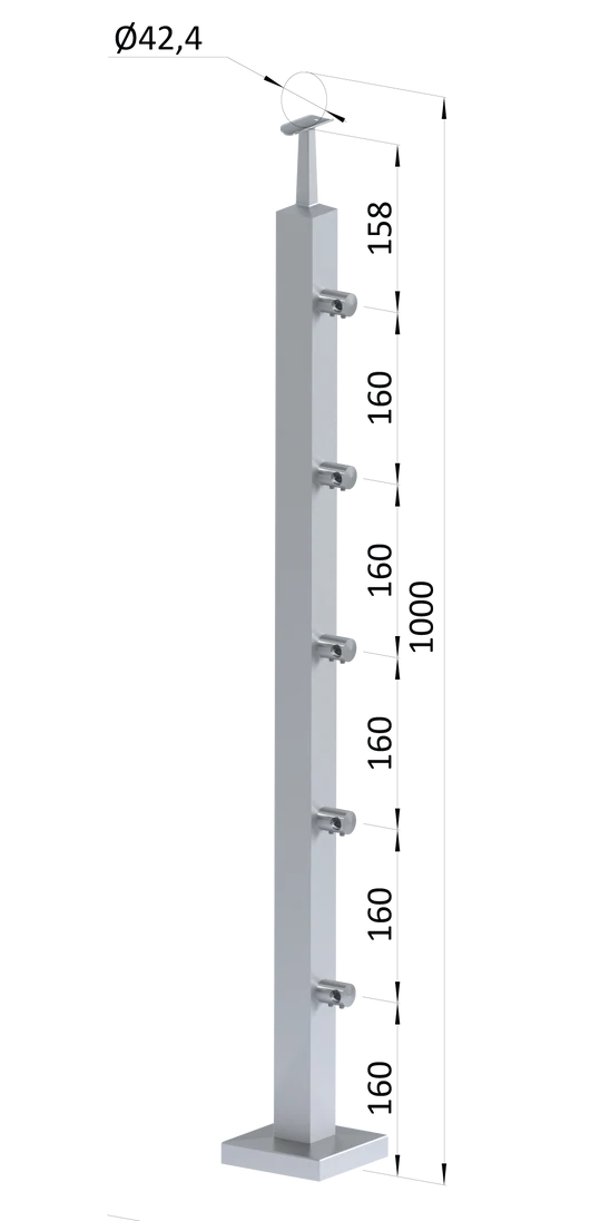 nerezový stĺp, vrchné kotvenie, 5 radový priechodný, vrch pevný (40x40mm), brúsená nerez K320 /AISI304