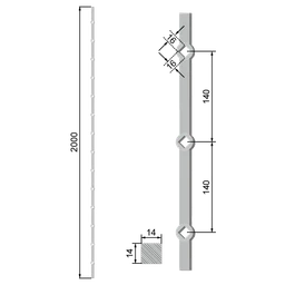 Tyč 2m opieskovaná, profil 14mm, rozteč 140mm, oko 14,5mm