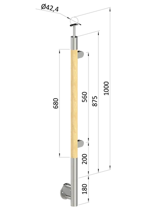 drevený stĺp, bočné kotvenie, výplň: sklo, pravý, vrch pevný (ø 42mm), materiál: buk, brúsený povrch bez náteru - slide 0