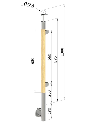 drevený stĺp, bočné kotvenie, výplň: sklo, pravý, vrch pevný (ø 42mm), materiál: buk, brúsený povrch bez náteru - slide 0