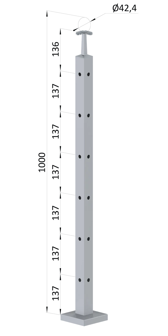 nerezový stĺp, vrchné kotvenie, 6 dierový rohový, vrch pevný (40x40mm), brúsená nerez K320 /AISI304