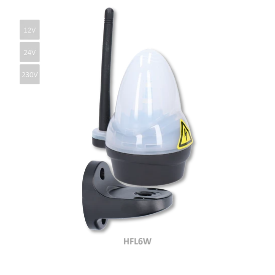 Bílý výstražný LED maják s anténou, 12/24/230 V, AC/DC, držák pro boční úchyt, rozměr  ø76 x 125, svítivost 739 lux (nevhodný k řídicí jednotce CT-102)