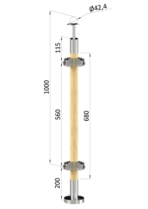 dřevěný sloup, vrchní kotvení, výplň: sklo, rohový, vrch pevný (ø 42mm), materiál: buk, broušený povrch bez nátěru - slide 0
