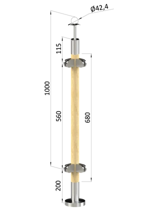 dřevěný sloup, vrchní kotvení, výplň: sklo, rohový, vrch pevný (ø 42mm), materiál: buk, broušený povrch bez nátěru - slide 0