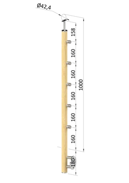 drevený stĺp, bočné kotvenie, 5 radový, priechodný, vnútorný, vrch pevný (ø 42mm), materiál: buk, brúsený povrch s náterom BORI (bezfarebný)
