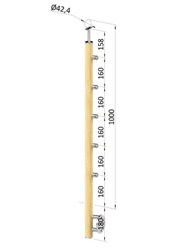 Dřevěný sloup, boční kotvení, 5 řadový, průchozí, vnitřní, vrch pevný (ø42 mm), materiál: buk, broušený povrch s nátěrem BORI (bezbarvý)