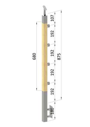 drevený stĺp, bočné kotvenie, 4 radový, priechodný, vnútorný, vrch nastaviteľný (40x40mm), materiál: buk, brúsený povrch bez náteru - slide 0