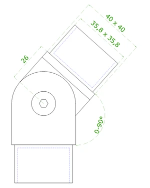 spojka nastaviteľná s kĺbom (0-90°) na jokel 40x40mm, brúsená nerez K320 /AISI304 - slide 1