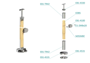 Dřevěný sloup, vrchní kotvení, výplň: sklo, pravý, vrch pevný (ø42 mm), materiál: buk, broušený povrch bez nátěru - slide 1