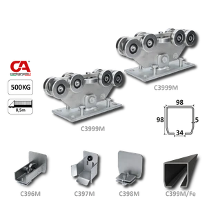 MEDIO-9 samonosný systém 98x98x5mm posuvnej brány do 500kg/8,5m otvor (C399M/Fe 1x6m čierny profil, C3999M 2ks, C396M 1ks, C397M 1ks, C398M 1ks), intenzívna prevádzka - slide 0