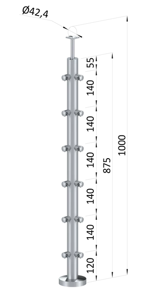 nerezový stĺp, vrchné kotvenie, 6 radový, rohový: 90°, vrch pevný (ø 42.4x2mm), brúsená nerez K320 /AISI304 - slide 0