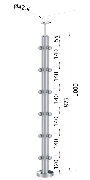 nerezový stĺp, vrchné kotvenie, 6 radový, rohový: 90°, vrch pevný (ø 42.4x2mm), brúsená nerez K320 /AISI304 - slide 0