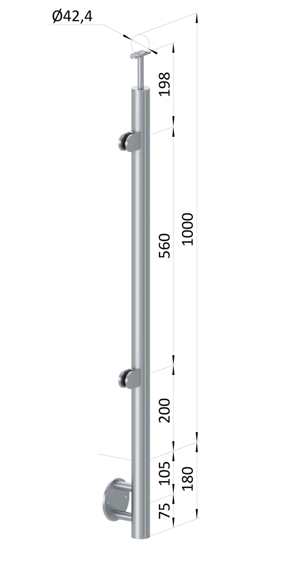 nerezový stĺp, bočné kotvenie, výplň: sklo, ľavý, vrch pevný, (ø 42.4x2mm), brúsená nerez K320 /AISI304