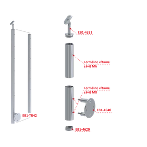 Nerezový sloup, boční kotvení, bez výplně, 6 řadový se závitem M6, vnitřní, vrch nastavitelný, (ø 42.4x2mm), broušená nerez K320 /AISI304 - slide 1