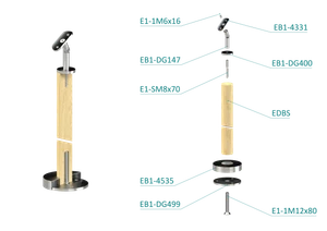 Dřevěný sloup, vrchní kotvení, bez výplně, vrch nastavitelný (ø42 mm), materiál: buk, broušený povrch bez nátěru - slide 1