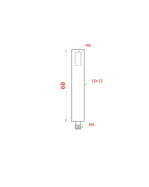 čap štvorcový (vonkajší závit M8 - vnútorný závit M6, 12x12mm /L: 68mm), plný materiál, brúsená nerez K320 /AISI304 - slide 1