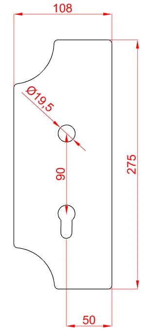 Štít 275x108x3mm s otvory, rozteč 90mm, otvor pro kliku ø 19,5mm, levý, pro zámek ZM90/80 - slide 1