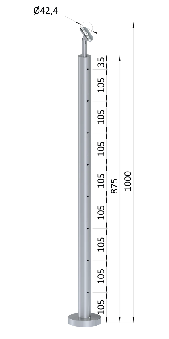 Nerezový sloup, vrchní kotvení, 8 děrový na lanko, koncový, vrch nastavitelný (ø 42.4x2mm), broušená nerez K320 /AISI304