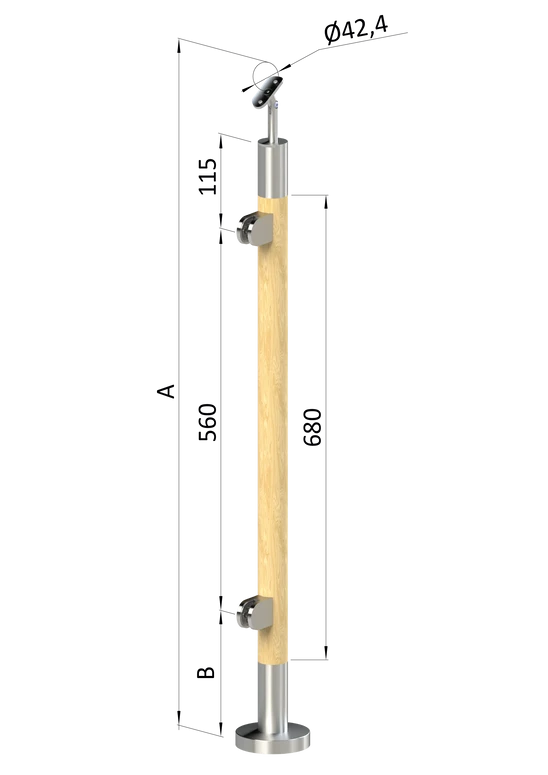 drevený stĺp, vrchné kotvenie, výplň: sklo, ľavý, vrch nastaviteľný (ø 42mm), materiál: buk, brúsený povrch bez náteru