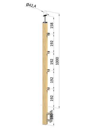 drevený stĺp, bočné kotvenie, 4 radový, priechodný, vnútorný, vrch pevný (40x40mm), materiál: buk, brúsený povrch s náterom BORI (bezfarebný) - slide 0