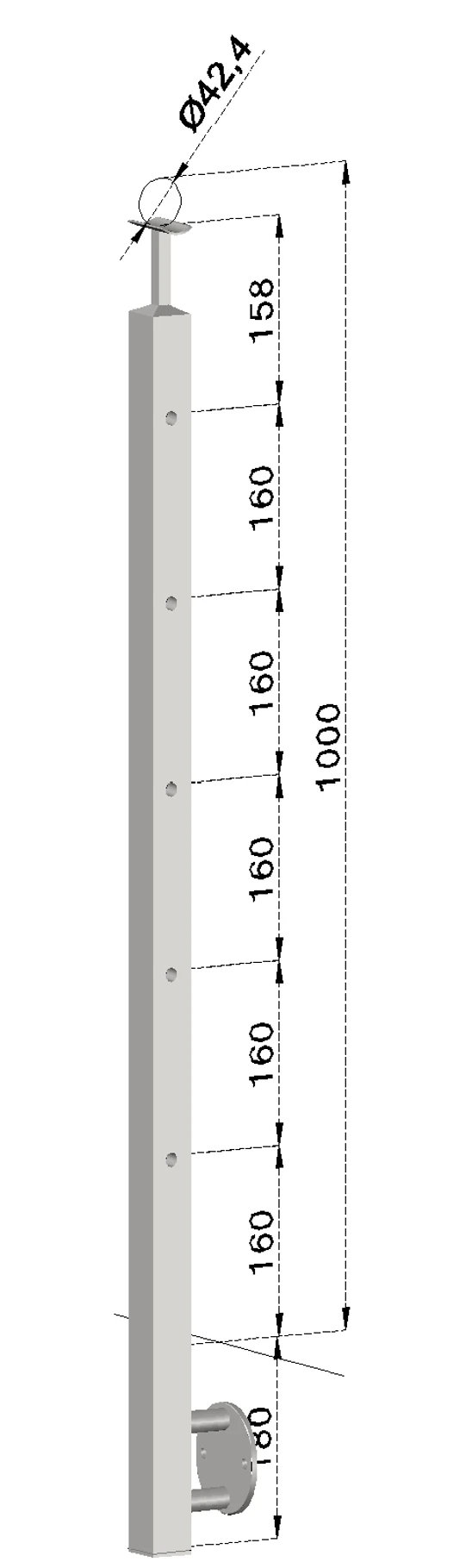 nerezový stĺp, bočné kotvenie, 5 dierový priechodný, vrch pevný (40x40mm), brúsená nerez K320 /AISI304
