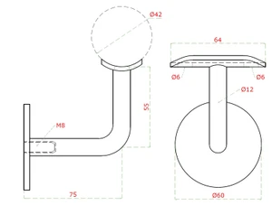 držiak madla na stenu na trubku ø 42.4mm bez dier, zadný vnútorný závit M8, brúsená nerez K320 /AISI304 - slide 1