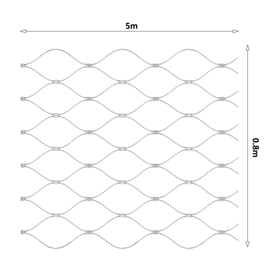 Nerezová lanková síť, 0,8 m x 5m (šxd), oko 50x50 mm, tloušťka lanka 2 mm, AISI316, síť neni ukončena oky pro provlečení lanka