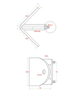 Úchyt na vnitřní rohové kotvení sloupu ø 42.4mm, (kotevní deska tloušťky 7mm, ø 100), broušená nerez K320 /AISI304 - slide 2