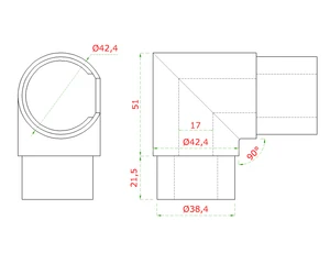 Do vypredania zásob: spojka - koleno 90° (ø 42.4x1.5mm) na trubku ø42.4mm, lepený spoj, brúsená nerez K320 /AISI304 - slide 1