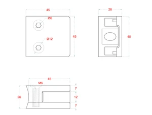 Svorka skla /plechu na trubku ø 42.4mm (45x45x27mm) pre sklo 6-12.76mm, so spodnou podložkou, leštená nerez AISI304, balenie neobsahuje gumičky na sklo - slide 3