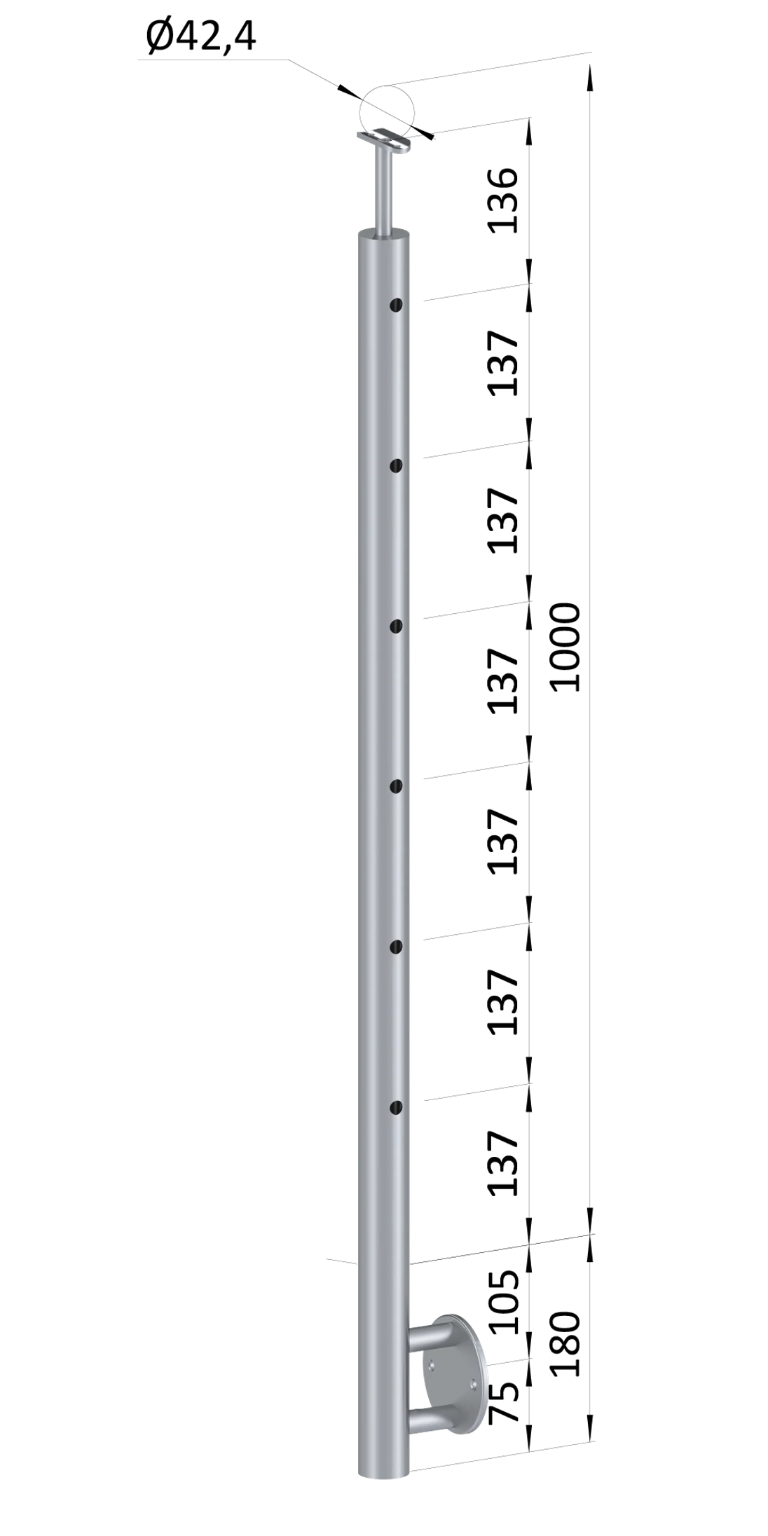 Nerezový sloup, boční kotvení, 6děrový koncový, pravý