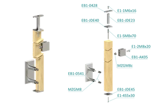 Dřevěný sloup, boční kotvení, výplň: sklo, koncový, pravý, vrch pevný (40x40 mm), materiál: buk, broušený povrch bez nátěru - slide 1