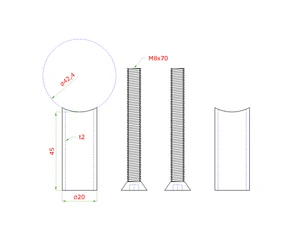 Přechod na vymezení vzdálenosti mezi sloupem ø 42,4 mm a kotevní deskou, ø 20x2,0 mm /L:45 mm, vnitřní šroub: M8x70 mm, broušená nerez K320 / AISI304, bal: 2ks - slide 1
