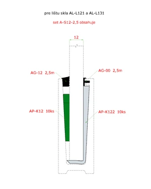 2.5m set pre 12mm sklo, k profilu AL-L121, AL-L131, AL-L141 a AL-L151. Obsahuje: tesnenie AG-00 2.5m, AG-12 2.5m, podložka AP-K122 10ks, klin AP-K12 10ks. - slide 1