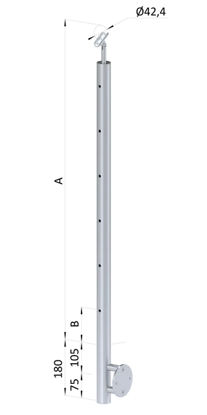 Nerezový sloup, boční kotvení, 6 děrový koncový na lanko,  vrch nastavitelný (ø 42.4x2mm), broušená nerez K320 /AISI304 - slide 0