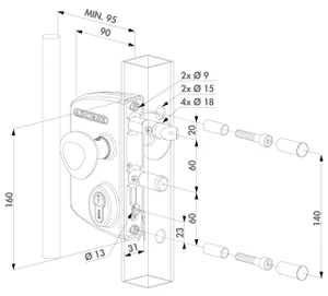 LOCINOX® povrchový elektrozámok LIRQ U2L-VSZR, funkcia FAIL CLOSE (kazeta, zámok, cylindrická vložka, klučka typ R), pre profil Ø60 - Ø80 mm - slide 1