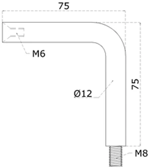 uholník (90°, vonkajší závit M8/ vnútorný závit M6, ø 12mm L: 75x75mm), brúsená nerez K320 /AISI304 - slide 1