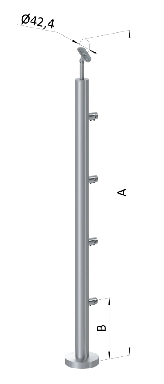 nerezový stĺp, vrchné kotvenie, 4 radový priechodný, vrch nastaviteľný (ø 42.4x2mm), brúsená nerez K320 /AISI316